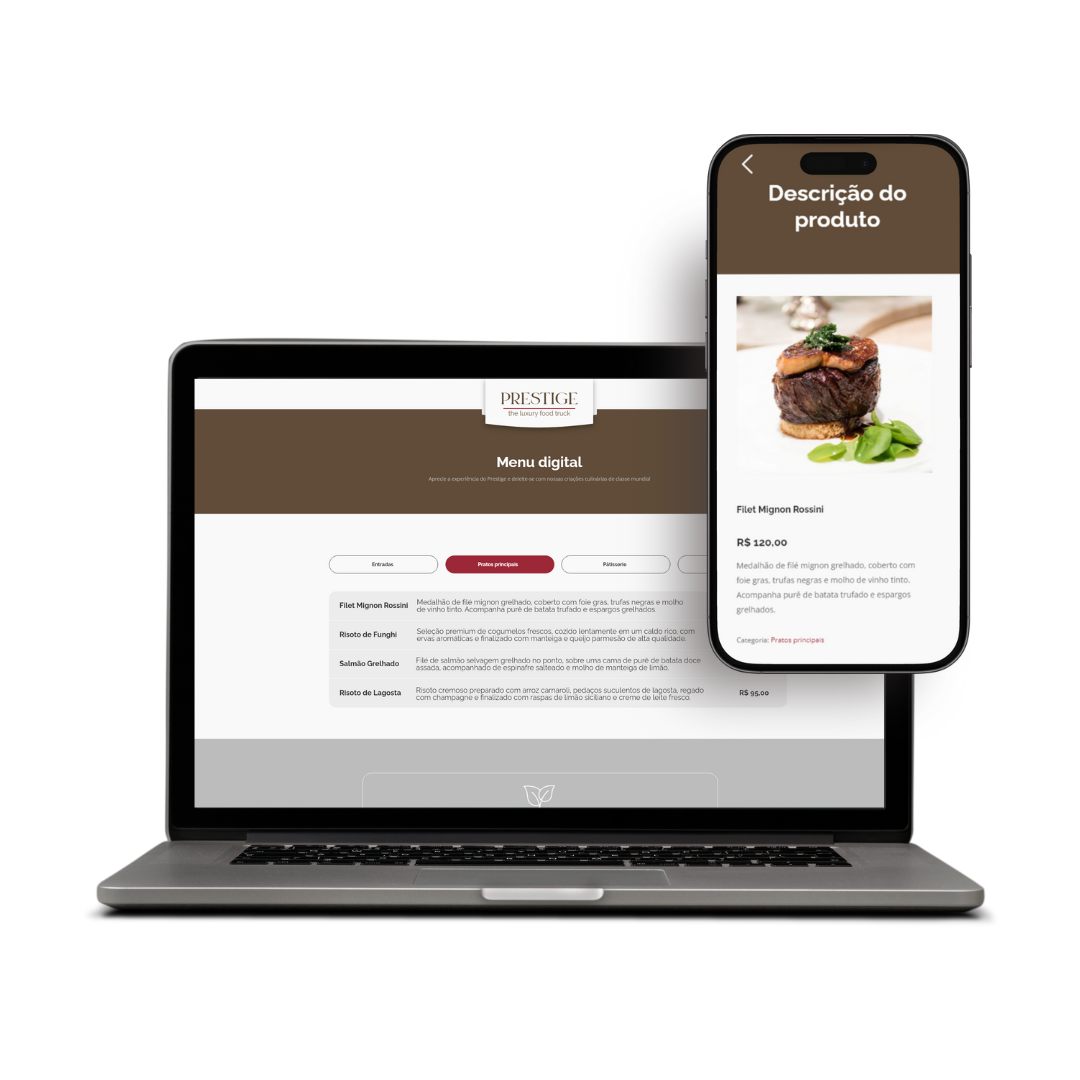 A laptop and a mobile phone displaying the Prestige restaurant website with menu options and online ordering.