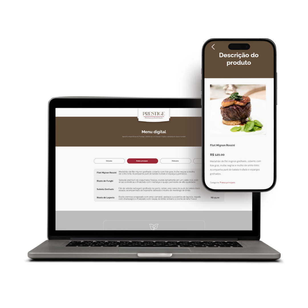 Um laptop e um celular exibindo o site do restaurante Prestige com opções de menu e pedidos on-line.