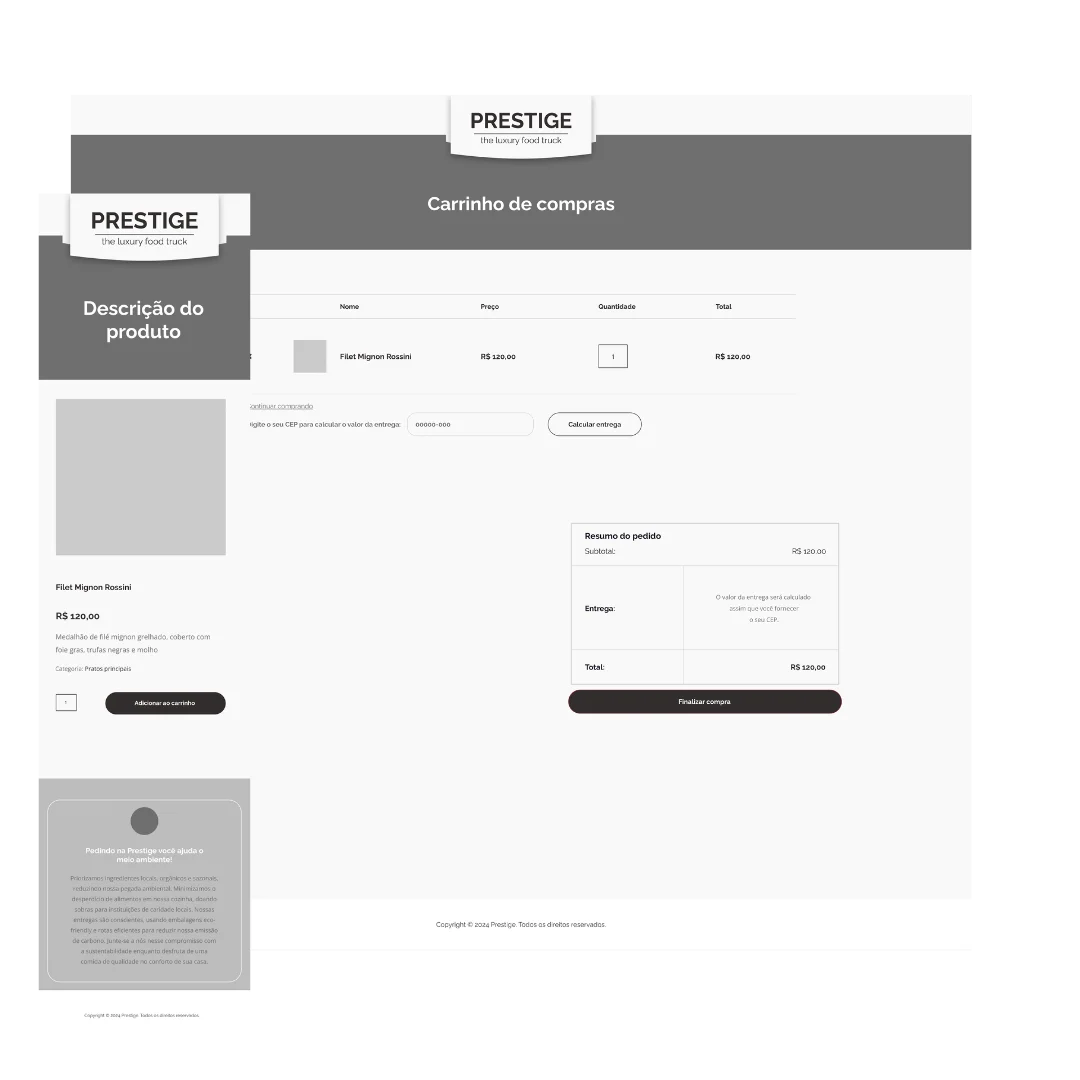 Wireframes digitais da página do carrinho do site Prestige no desktop e descrição do produto na tela do celular.